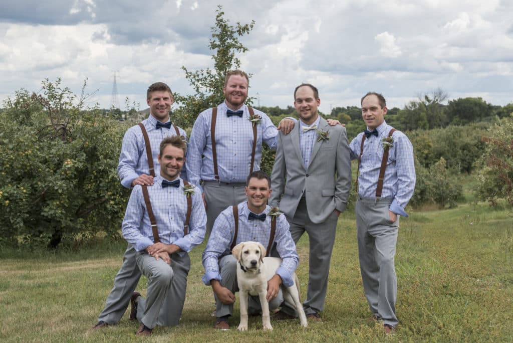 The groomsmen at Deer Lake Orchard